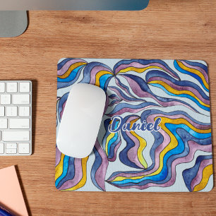 Retro Groovy Grün Blau Lila Wellige Schrift Name Mousepad