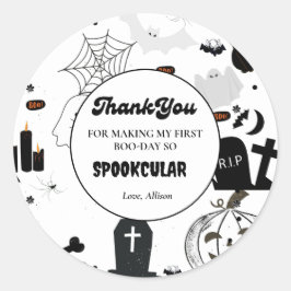 Retro Groovy Halloween erster Geburtstag Danke Runder Aufkleber
