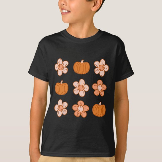 Retro Groovy Halloween Fall Hippie Pumpkin Floral T-Shirt (Vorderseite)