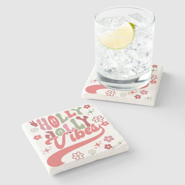 Retro Groovy Holly Jolly Vibes Holiday Foto Steinuntersetzer (Seitenansicht)