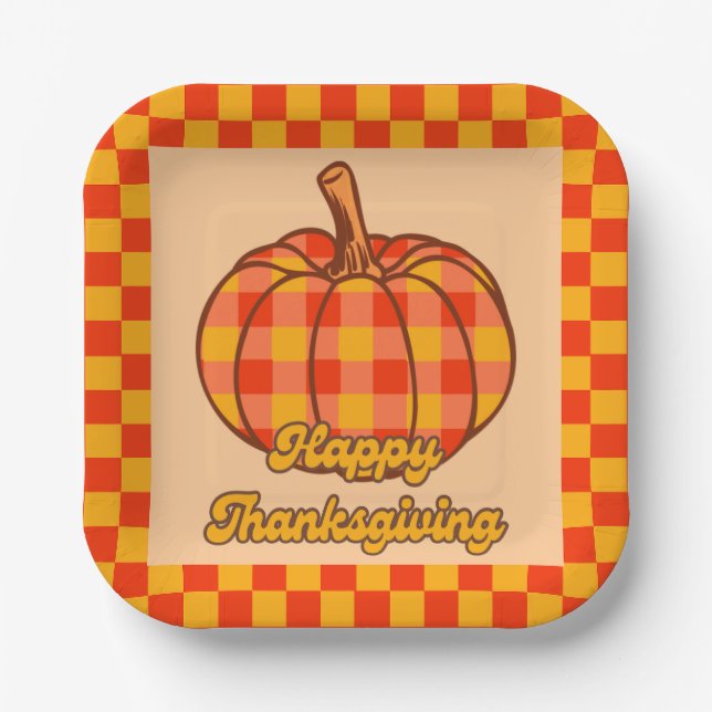 Retro Groovy Kariert Pumpkin Checkered Erntedank Pappteller (Vorderseite)
