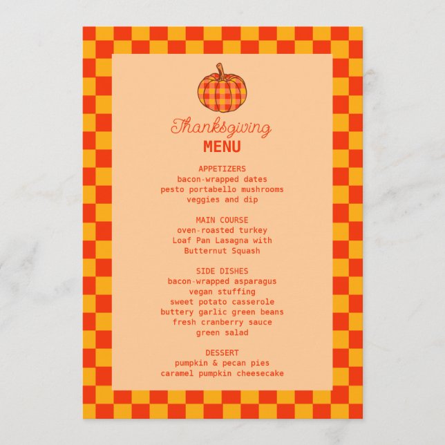 Retro Groovy Kariert Pumpkin Erntedank Dinner Menükarte (Vorderseite)