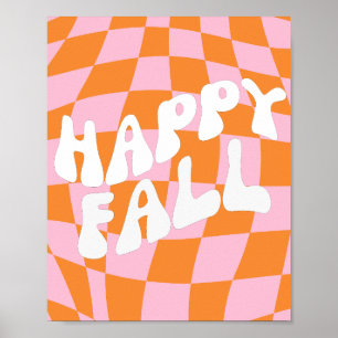 Retro Groovy Karierte Pink Und Orange Herbst Wand Poster