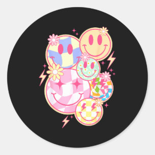 Retro Groovy Lächeln Gesicht Blume Glückliches Ges Runder Aufkleber