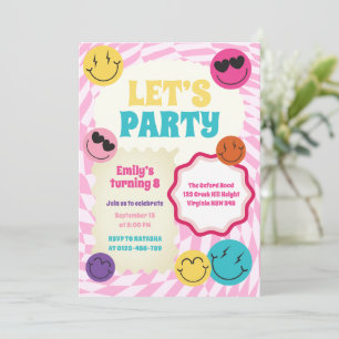 Retro Groovy lächelt farbenfrohe Einladung zum Geb