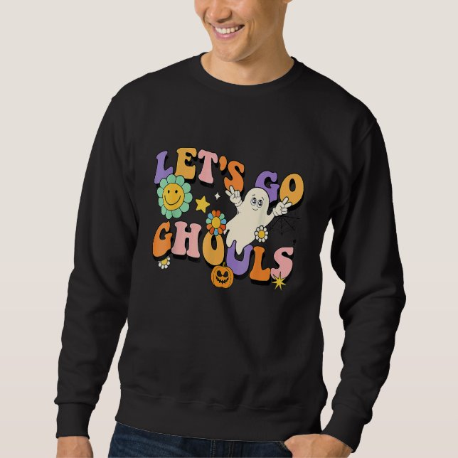 Retro Groovy Lasst uns gehen Ghule Halloween Geist Sweatshirt (Vorderseite)