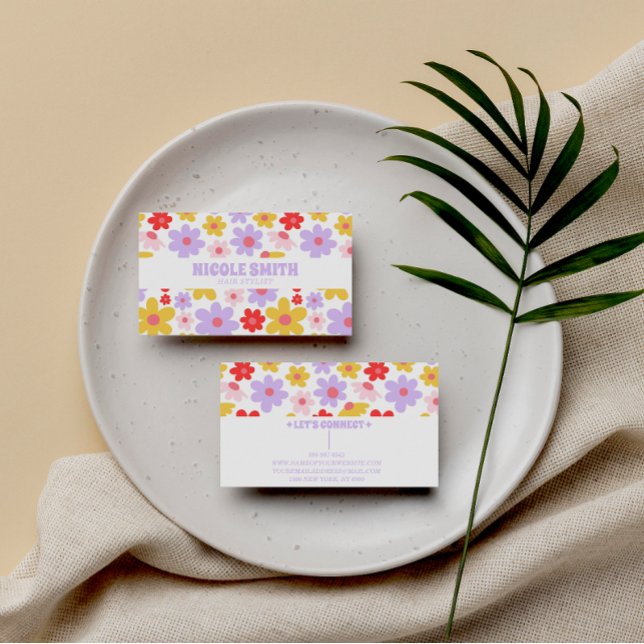 Retro Groovy Lila farbenfrohe Blumenhaar Stylist Visitenkarte (Von Creator hochgeladen)