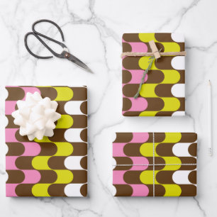 Retro Groovy Limon Pink Brown Abstrakt Art Muster Geschenkpapier Set