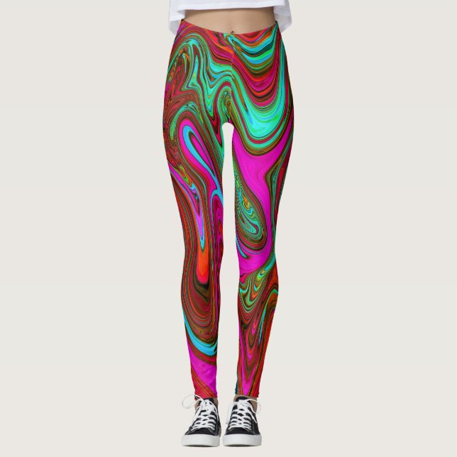 Retro Groovy Magenta, Abstrakte Kunst in Rot und B Leggings (Vorderseite)