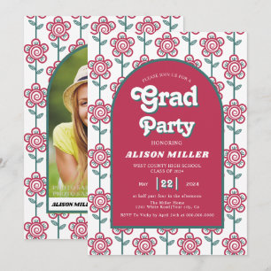 Retro Groovy magenta, aquamarine Blume 70er Abschl Einladung