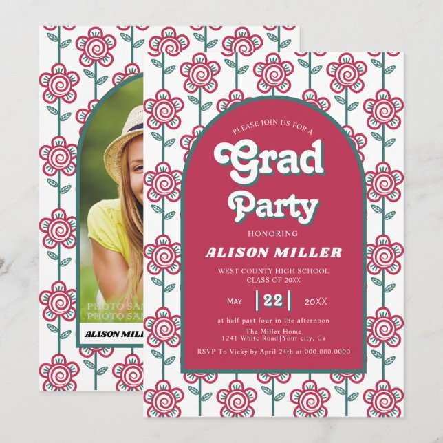 Retro Groovy magenta, aquamarine Blume 70er Abschl Einladung (Vorne/Hinten)