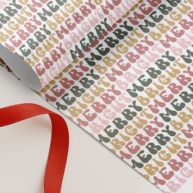 Retro Groovy Merry & Bright farbiges Muster Geschenkpapier (Groovy retro Merry & Bright Colorful Typography Design Gift Wrapping Paper)