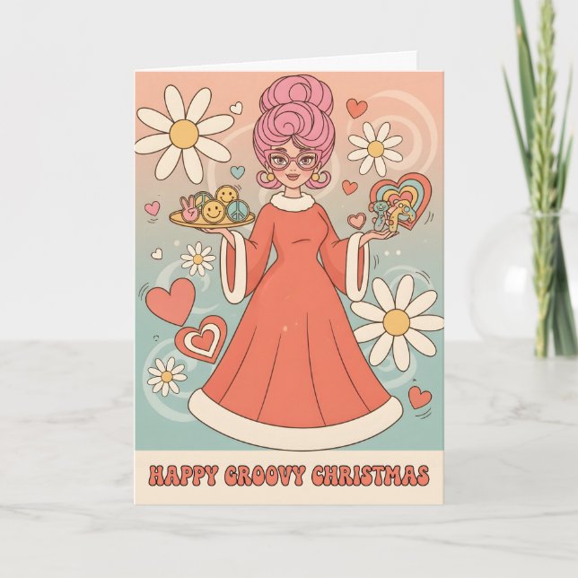 Retro Groovy Mrs. Claus Frohe Weihnachten (Vorderseite)