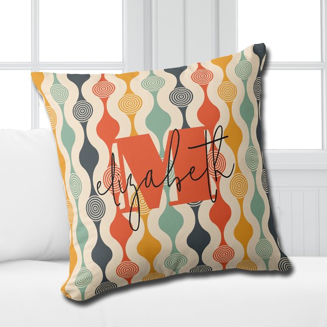 Retro Groovy Muster Kissen (Personalized or leave customization blank to remove monogram.)
