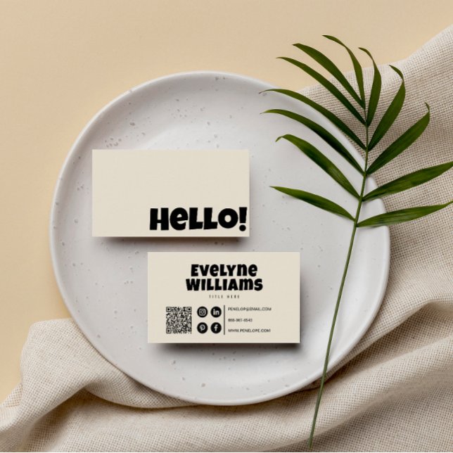 Retro Groovy Neutral Cream QR Code Bold Hello Boho Visitenkarte (Von Creator hochgeladen)