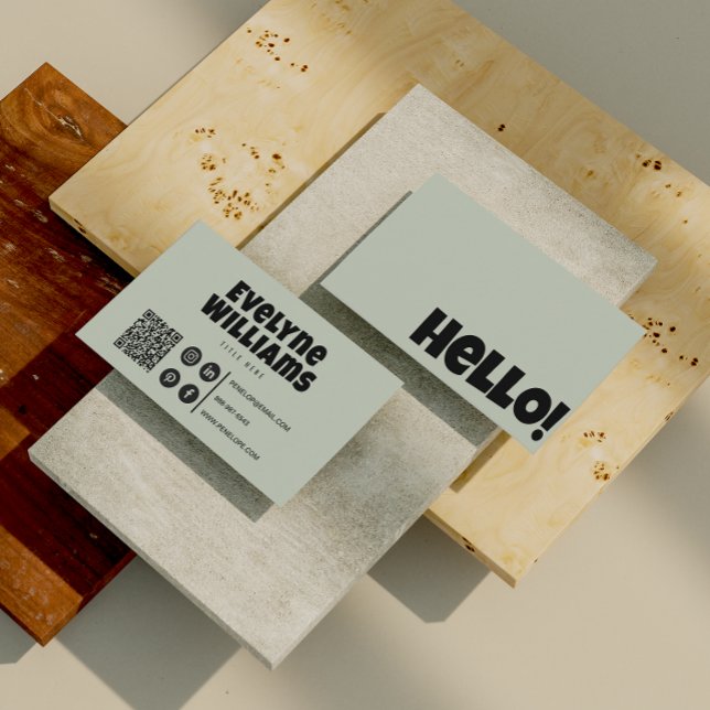 Retro Groovy Neutral Sage Green QR Code Hallo Boho Visitenkarte (Von Creator hochgeladen)