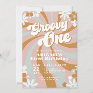 Retro Groovy One erster Geburtstag Einladung
