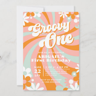 Retro Groovy One erster Geburtstag Einladung