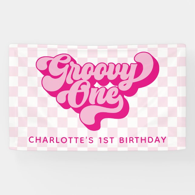 Retro Groovy One Pink and White Karo Banner (Horizontal)