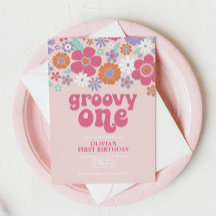 Retro Groovy One Pink Floral Einladung