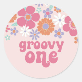 Retro Groovy One Pink Floral Runder Aufkleber