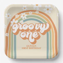 Retro Groovy One Rainbow Brown Orange Birthday
