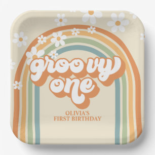 Retro Groovy One Rainbow Brown Orange Birthday Pappteller