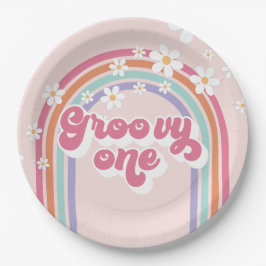 Retro Groovy One Rainbow Pink Pappteller