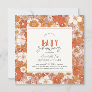 Retro Groovy Orange Floral Girl Babydusche Einladung