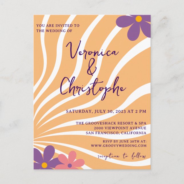 Retro Groovy Orange Lila Floral Wedding Einladungspostkarte (Vorderseite)