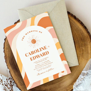 Retro Groovy Orange Wavy Boho Wedding Qr Code Einladung