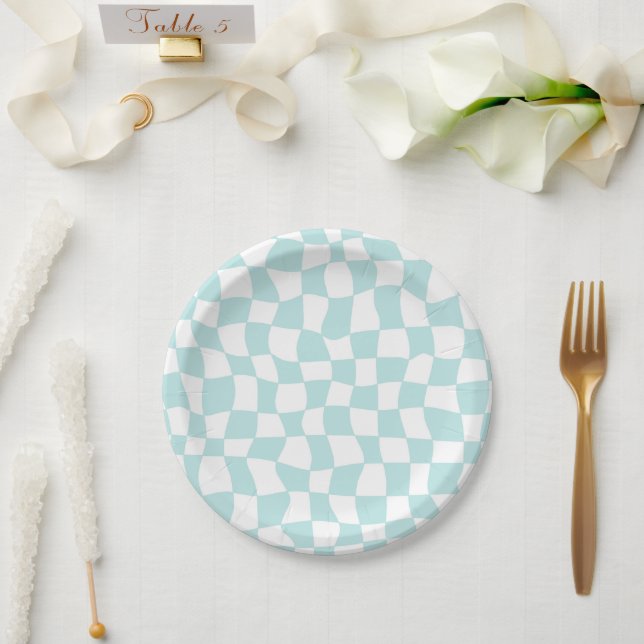 Retro Groovy Pastel Blue White Karos Schachtelt Pappteller (Hochzeit)