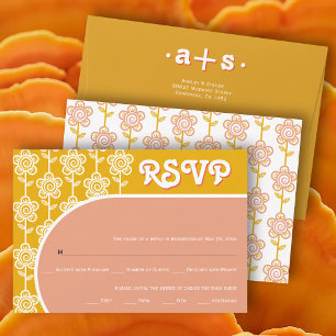 Retro Groovy Peach and Gelb 70er Hochzeit RSVP Karte