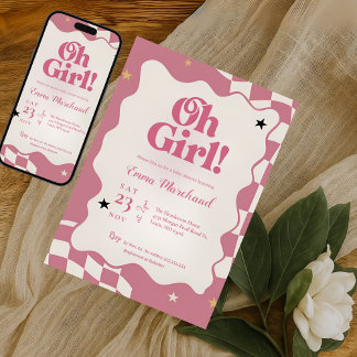 Retro Groovy Pink Checkered Oh Girl Baby Shower Einladung