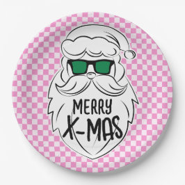 Retro Groovy Pink Checkered Santa Claus Christmas Pappteller