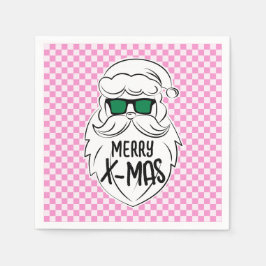 Retro Groovy Pink Checkered Santa Claus Christmas Serviette