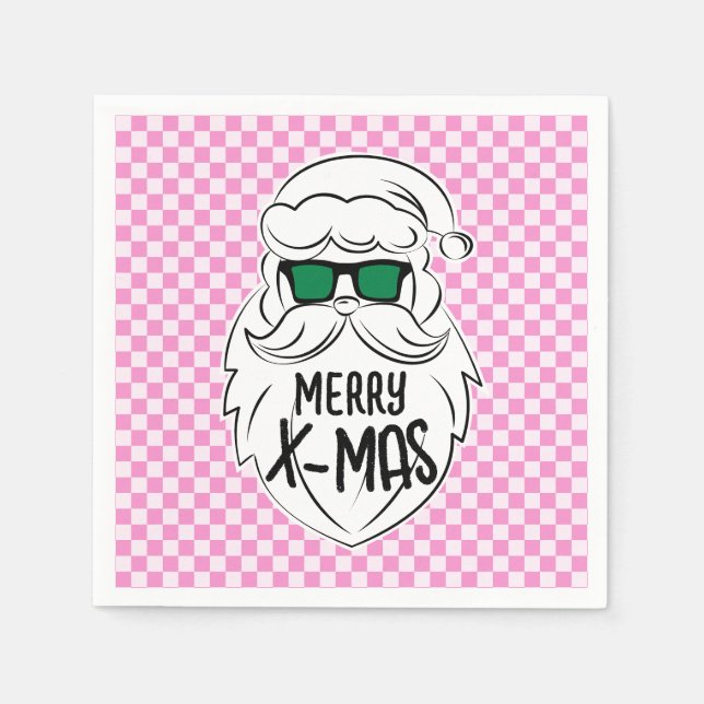 Retro Groovy Pink Checkered Santa Claus Christmas  Serviette (Vorderseite)