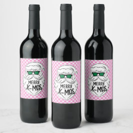 Retro Groovy Pink Checkered Santa Claus Christmas Weinetikett
