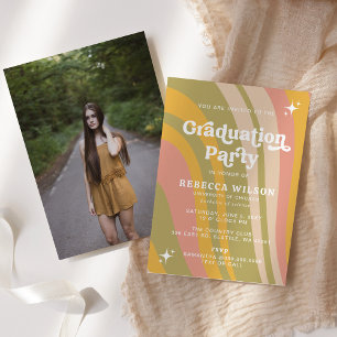 Retro Groovy Pink Green 70er Graduation Party Foto Einladung