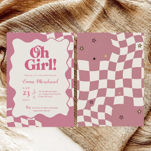 Retro Groovy Rosa Karo Oh Girl Baby Shower-Einladu Einladung