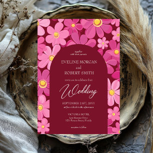 Retro Groovy rosa und gelbe Blumen Boho arch Einladung