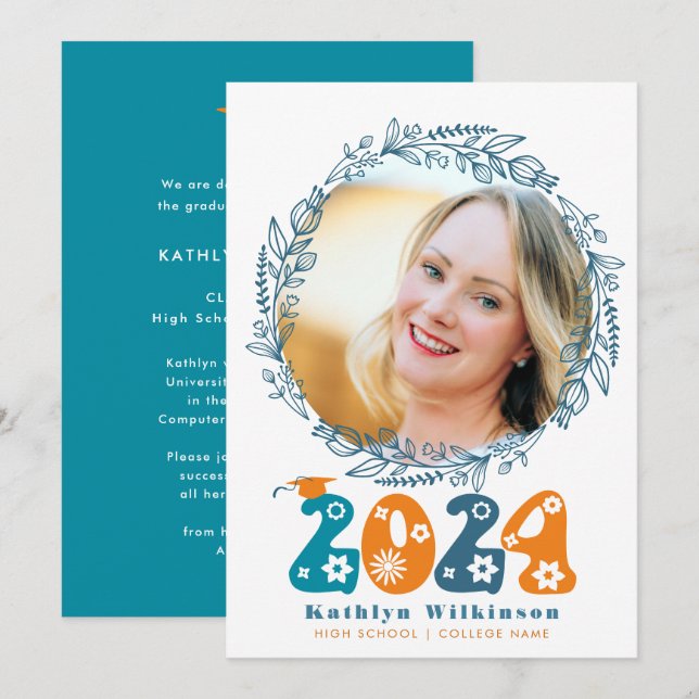 Retro Groovy Script Floral Wreath Foto Abschluss Ankündigung (Vorne/Hinten)