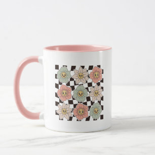 Retro Groovy Smiley-Blumen-Karo-Ästhetik Tasse