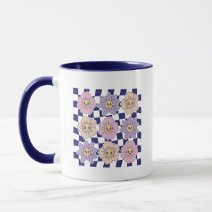 Retro Groovy Smiley-Blumen-Karo-Ästhetik Tasse