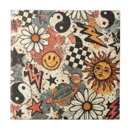 Retro Groovy Smiley Sun Daisy Psychedelic Pattern Fliese