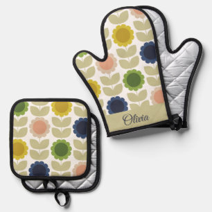 Retro Groovy Sommer Blumen Stiele Ofenhandschuh & Topflappen-Set