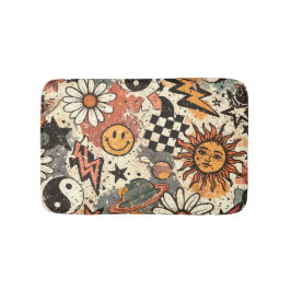 Retro Groovy Sticker Collage Pattern Smiley Face Badematte