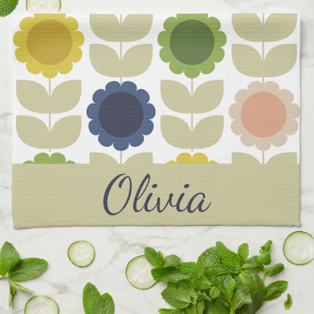 Retro Groovy Summer Flowers Stems Geschirrtuch (Gefaltet)