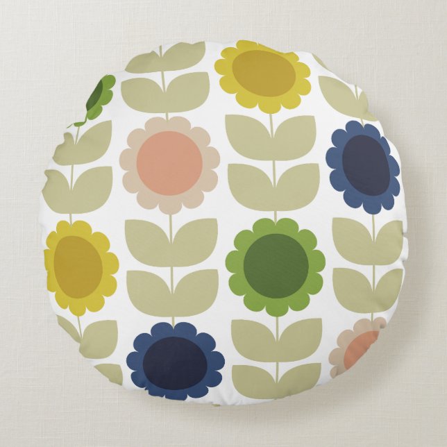 Retro Groovy Summer Flowers Stems Rundes Kissen (Vorderseite)