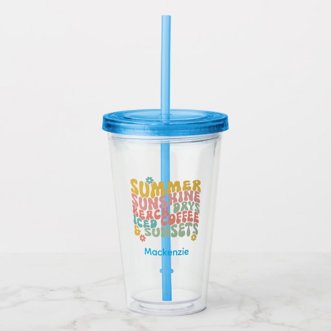 Retro Groovy Summer Pink Monogram Name Acryltrinkbecher (Vorderseite)
